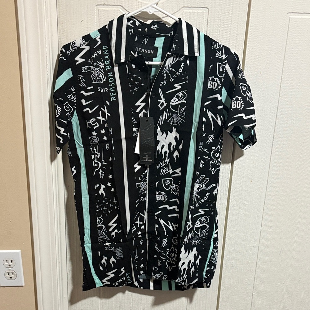 Reason Black and White Graphic Shirt with Turquoise Accents